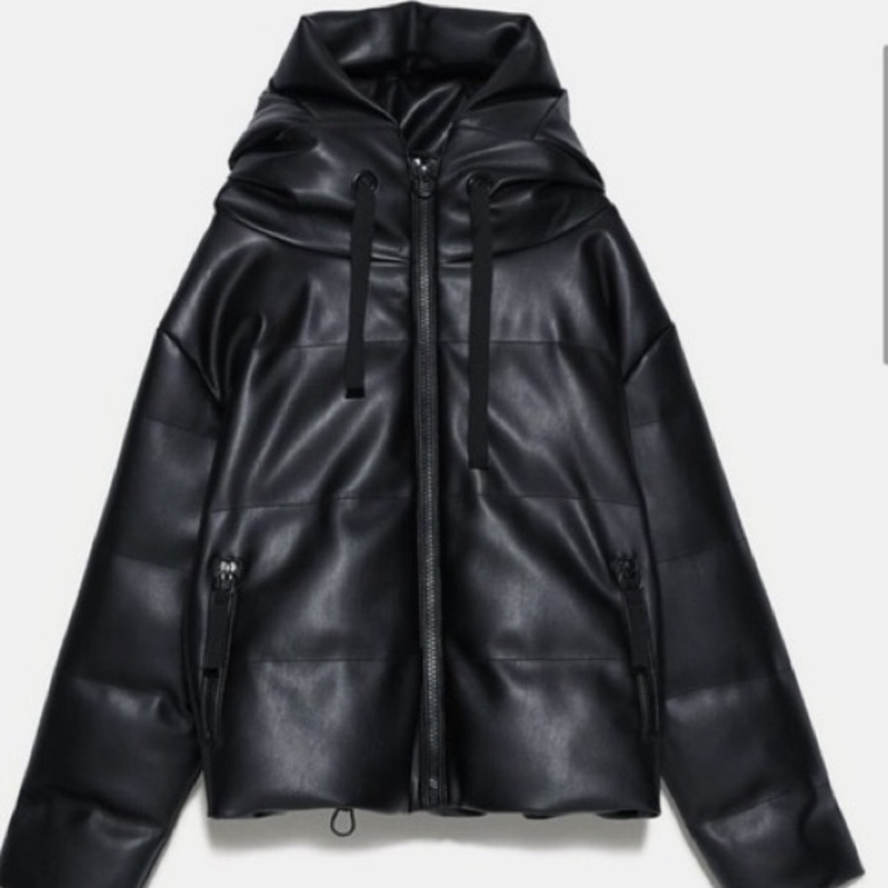 Zara Black Faux Leather Puffer Jacket